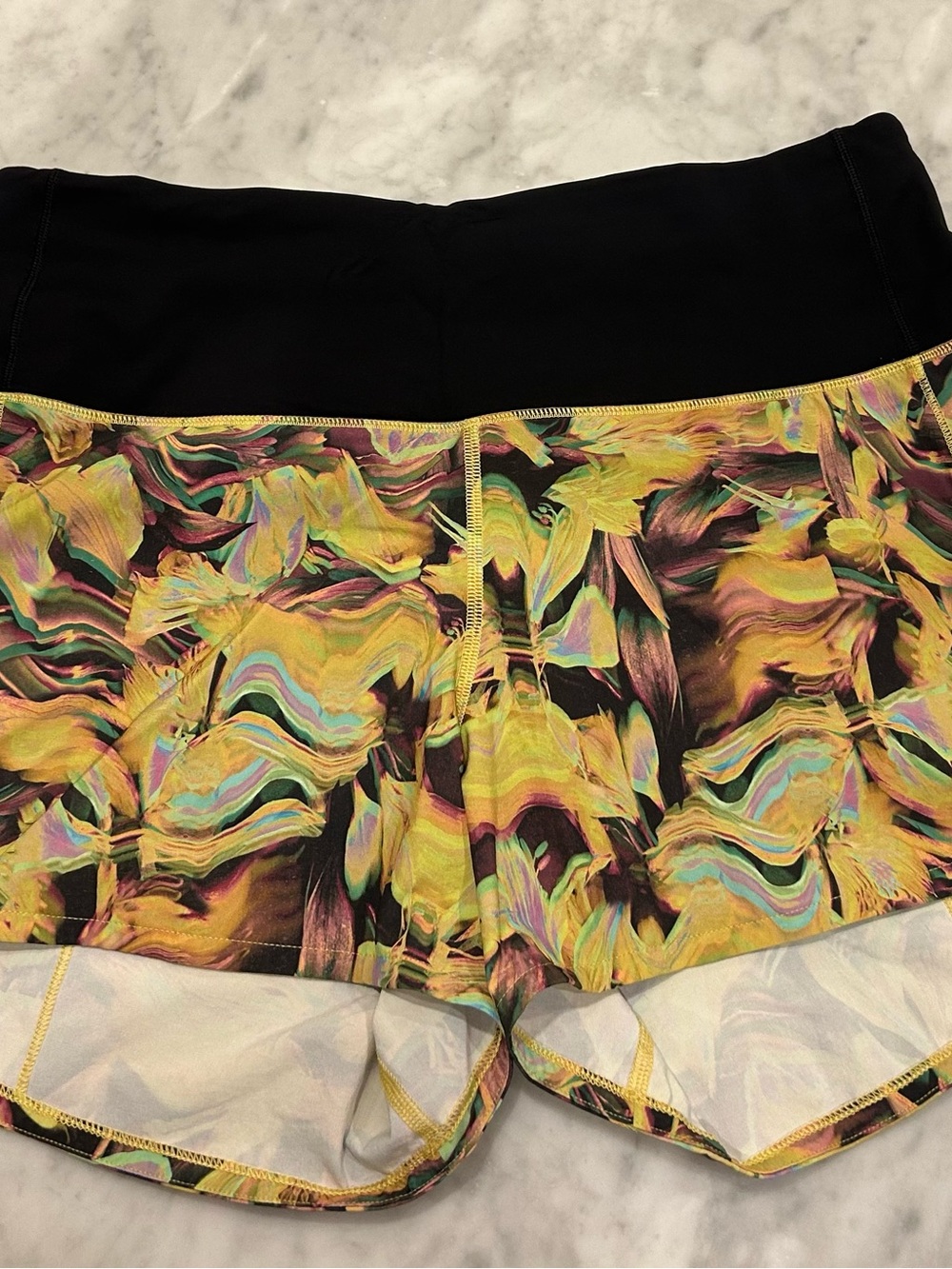 lululemon athletica Black Waistband Yellow Multicolor Swirl Athletic Shorts